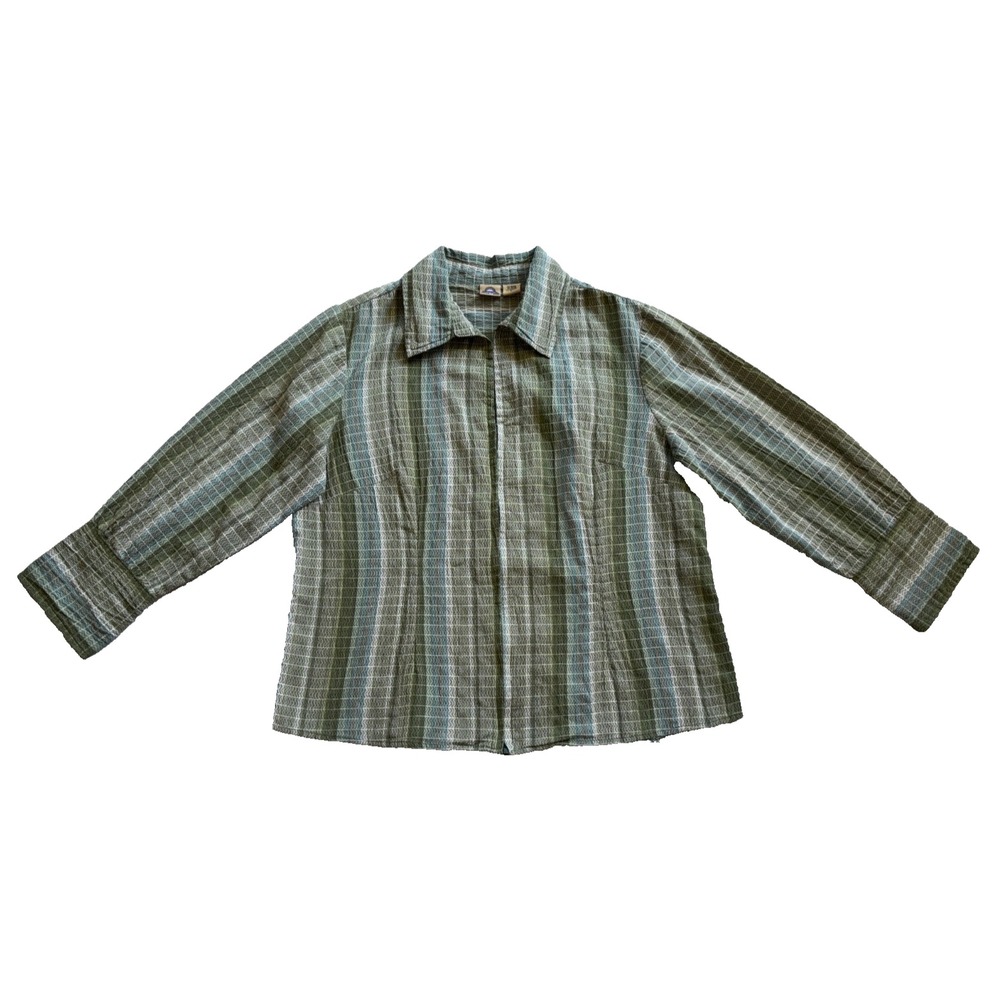 Shaver Lake Green Striped Blouse Women's L Collared Zip up Long Sleeve Cuffs